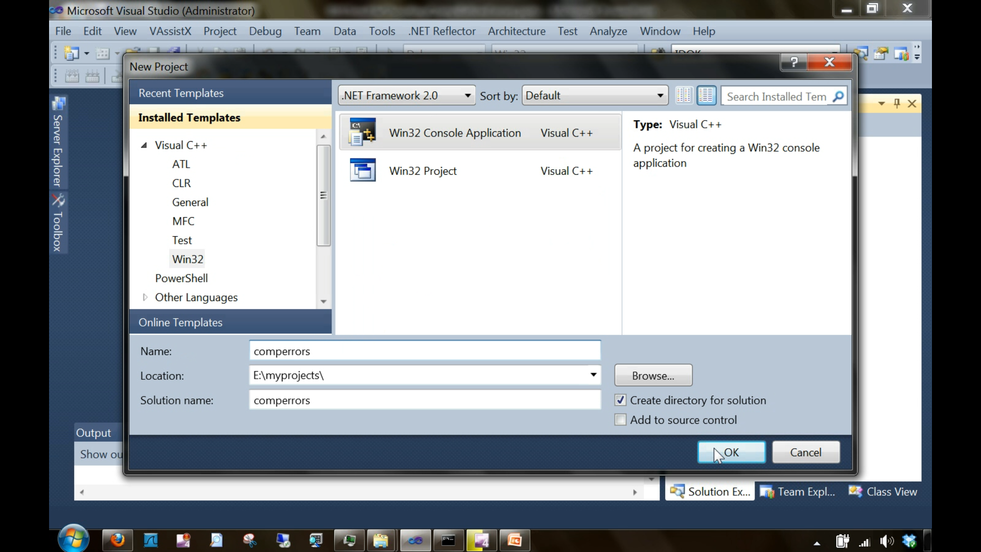 As in the above  fig4-2 select 'Win32' under 'Visual C++',
                                              and then select 'Win32console'. Name your project, say 'comperrors' in this case and click 'Ok'